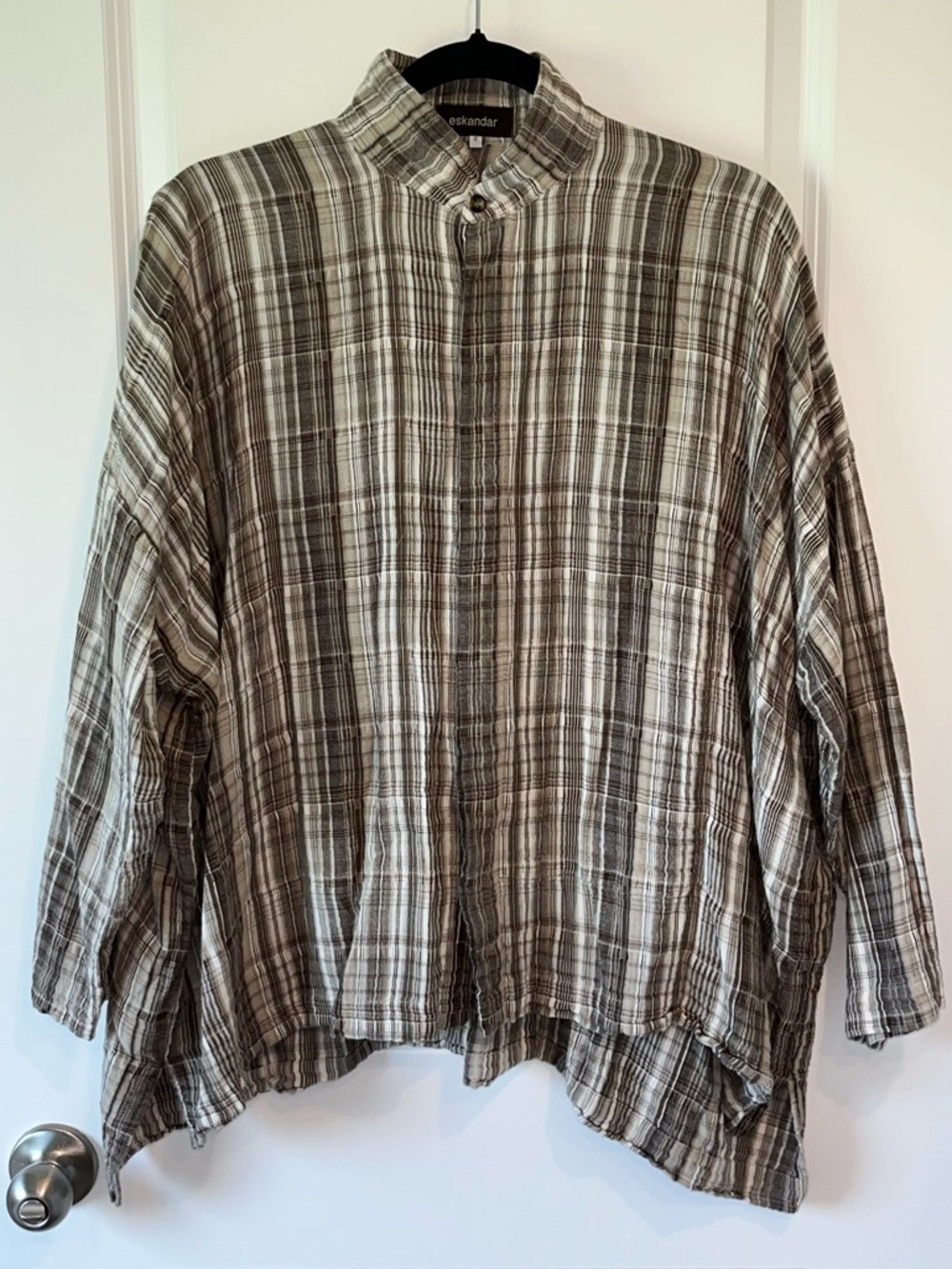$760 Eskandar Plaid 100% Cotton Button Up Boxy Shirt Blouse Top Women Sz 0 XS/S